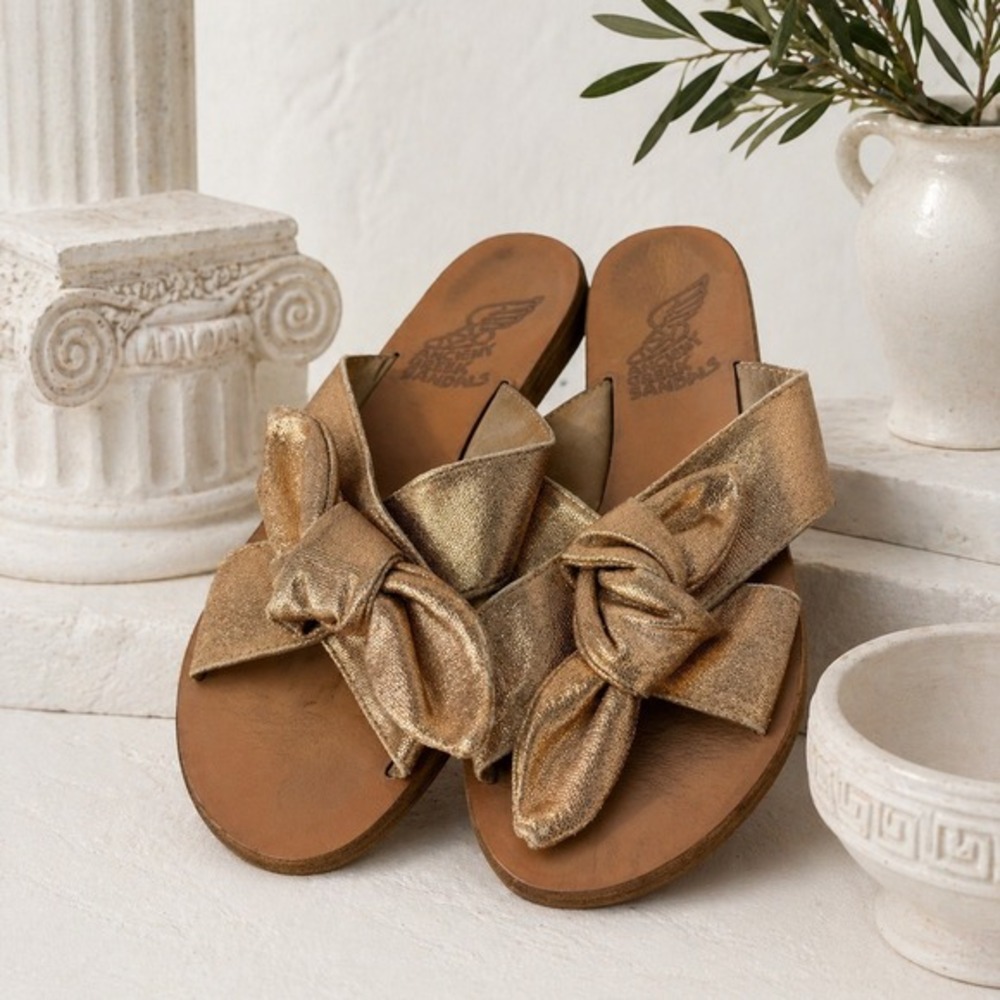 Ancient Greek‎ Sandals Gold Metallic Leather Bow Slides Size 37 Handmade Flat